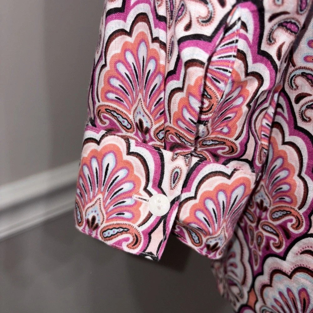 Chico's Top Womens Size 1 Pink‎ Linen No-Iron Paisley Button 3/4 Sleeve Career